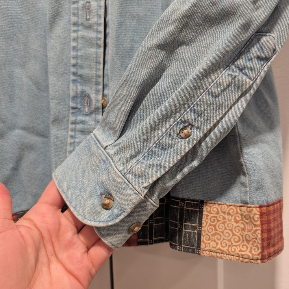 VINTAGE Country Plaid Stars Embroidered Denim Shirt Jacket Size Medium - Picture 5 of 12